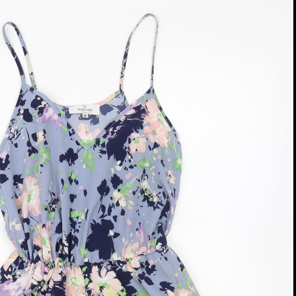 Oh My Love Womens Blue Floral Polyester Playsuit One-Piece Size M Pullover
