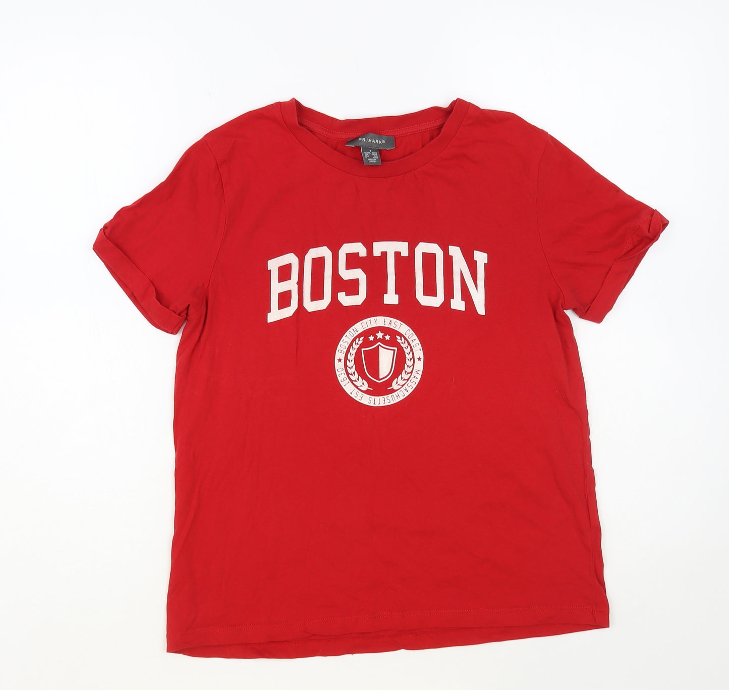 Primark Womens Red Cotton Basic T-Shirt Size 10 Crew Neck - Boston