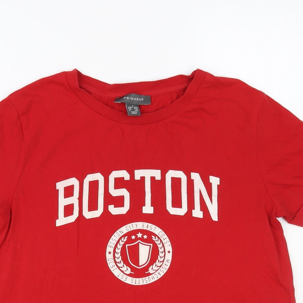 Primark Womens Red Cotton Basic T-Shirt Size 10 Crew Neck - Boston