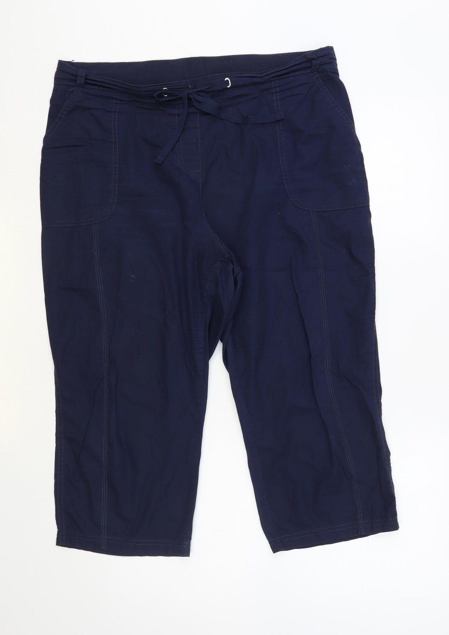 Bonmarché Womens Blue Cotton Cropped Trousers Size 16 L21 in Regular Drawstring