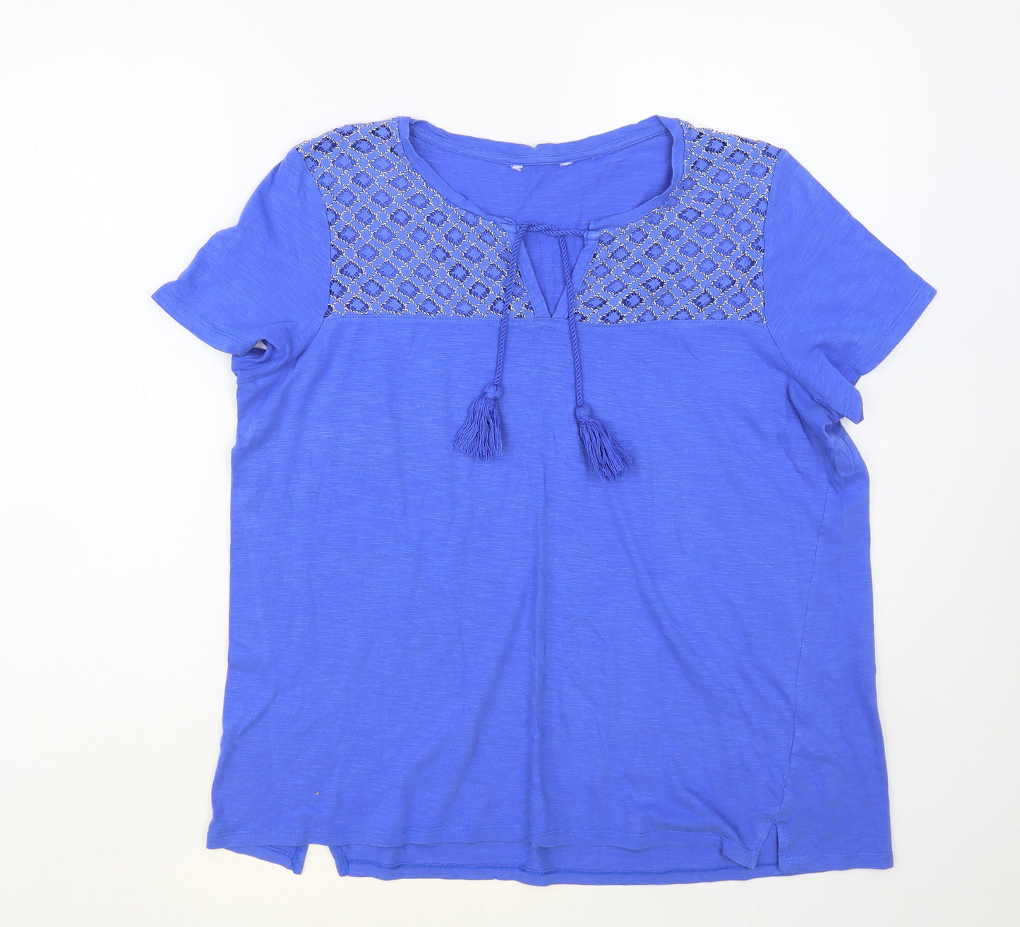 NEXT Womens Blue Geometric Cotton Basic T-Shirt Size 16 V-Neck - Lace Detail