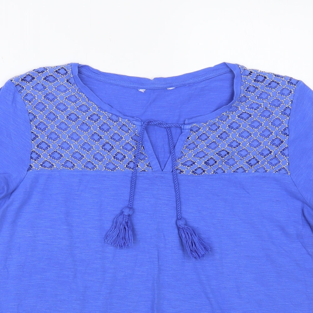 NEXT Womens Blue Geometric Cotton Basic T-Shirt Size 16 V-Neck - Lace Detail