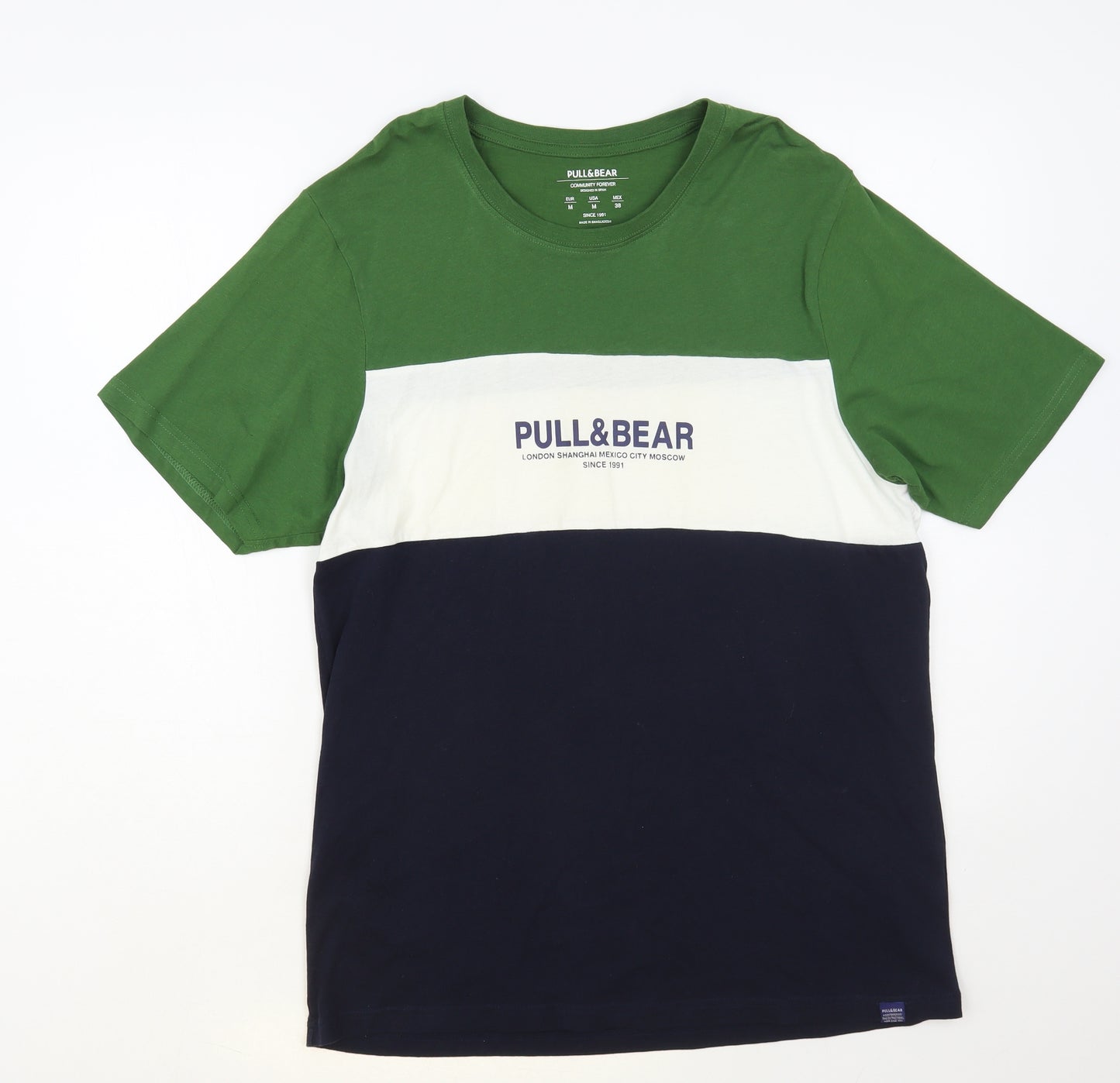 Pull & Bear Mens Multicoloured Colourblock Cotton T-Shirt Size M Crew Neck