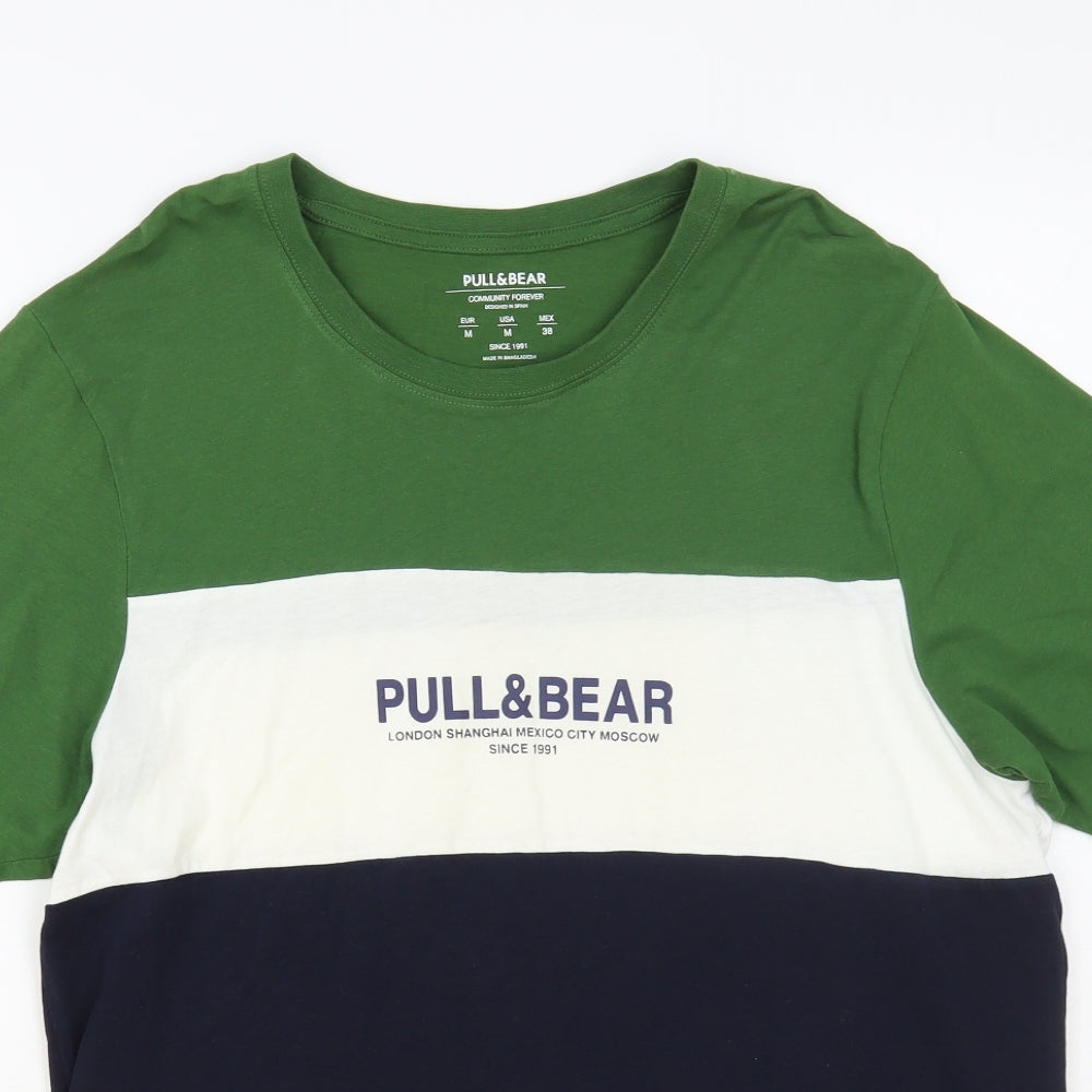 Pull & Bear Mens Multicoloured Colourblock Cotton T-Shirt Size M Crew Neck