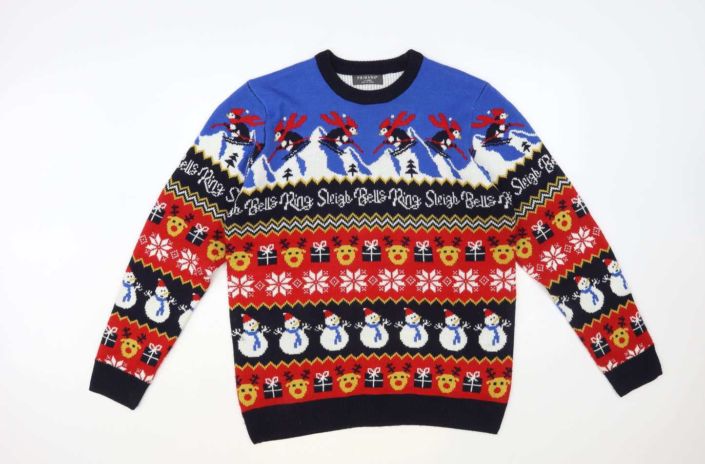 Primark Mens Multicoloured Crew Neck Geometric Acrylic Pullover Jumper Size L - Christmas Jumper