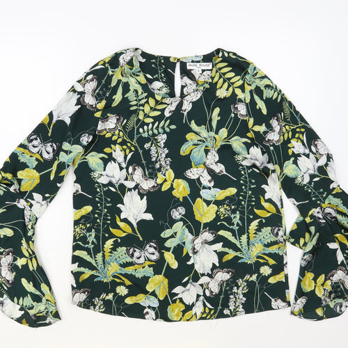 Jaune Rouge Womens Green Floral Polyester Basic Blouse Size S Round Neck