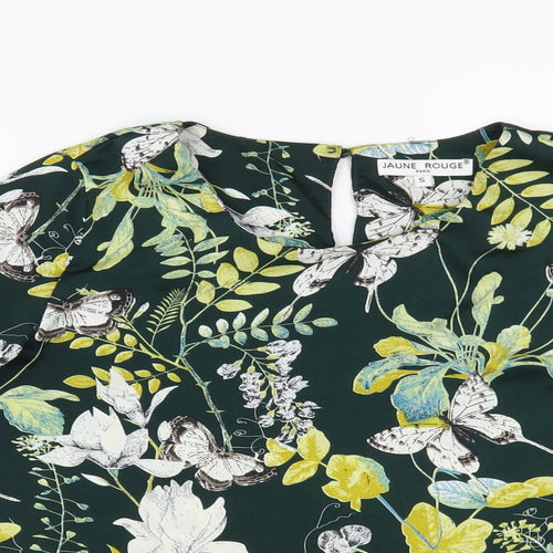 Jaune Rouge Womens Green Floral Polyester Basic Blouse Size S Round Neck