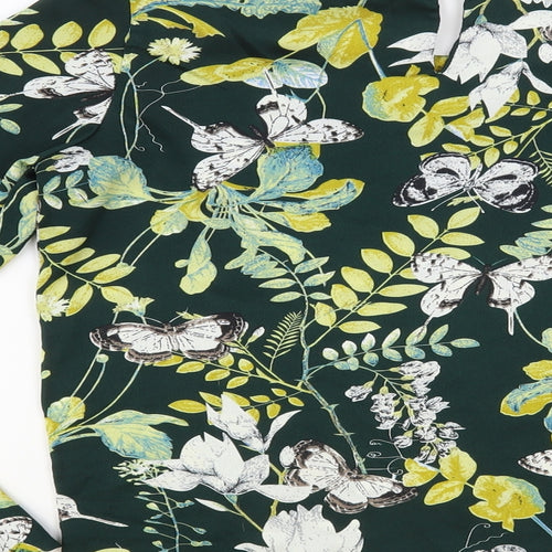 Jaune Rouge Womens Green Floral Polyester Basic Blouse Size S Round Neck