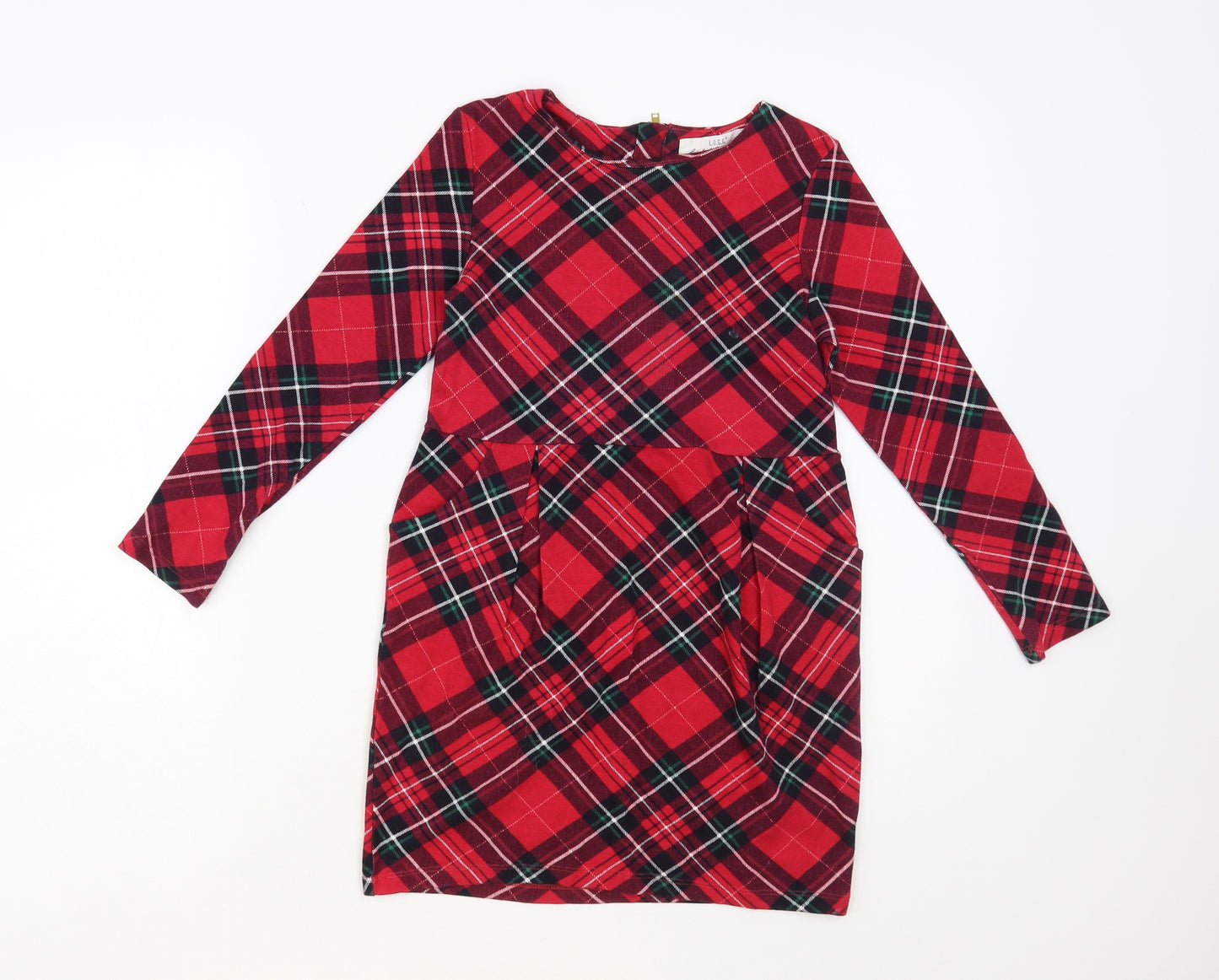 H&M Girls Red Plaid Cotton Pencil Dress Size 6-7 Years Round Neck Zip