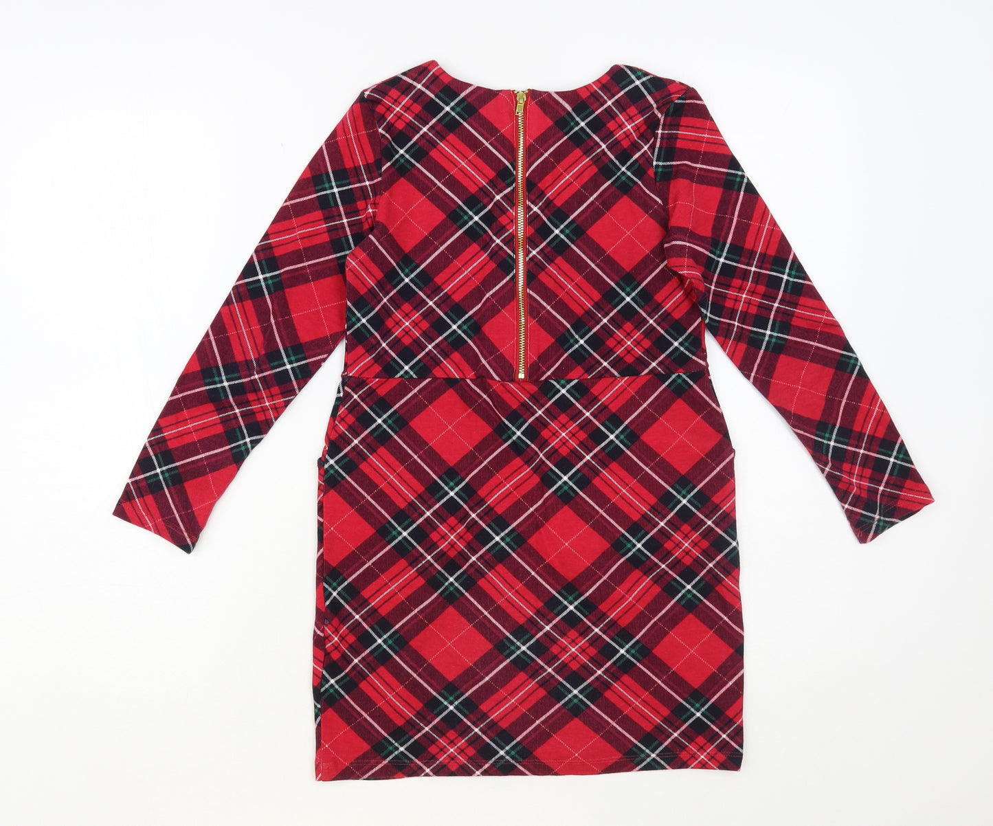 H&M Girls Red Plaid Cotton Pencil Dress Size 6-7 Years Round Neck Zip