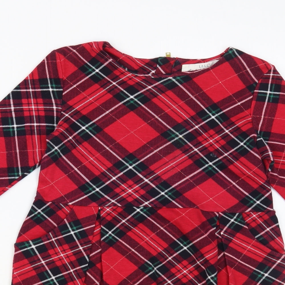 H&M Girls Red Plaid Cotton Pencil Dress Size 6-7 Years Round Neck Zip
