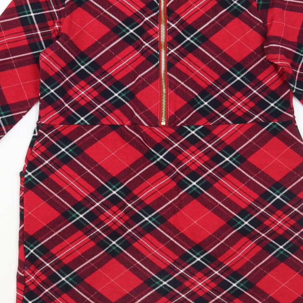H&M Girls Red Plaid Cotton Pencil Dress Size 6-7 Years Round Neck Zip