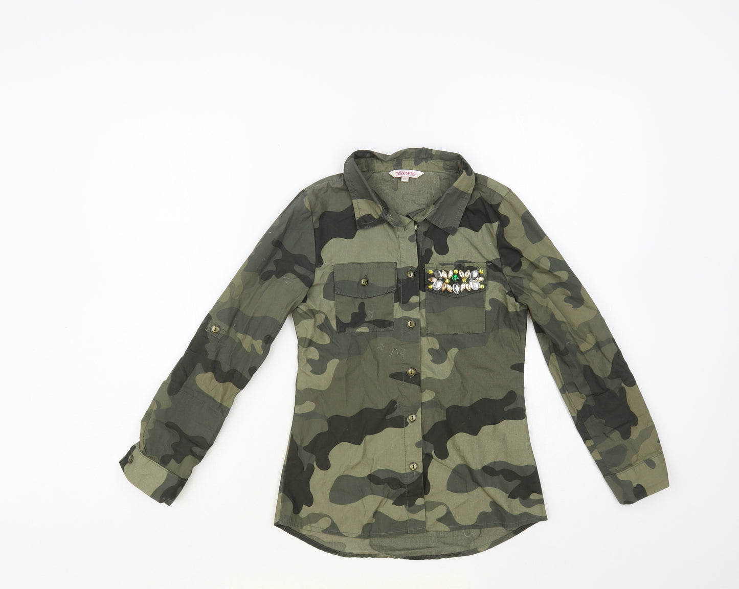 Miss E-Vie Girls Green Camouflage Cotton Basic Button-Up Size 8-9 Years Collared Button