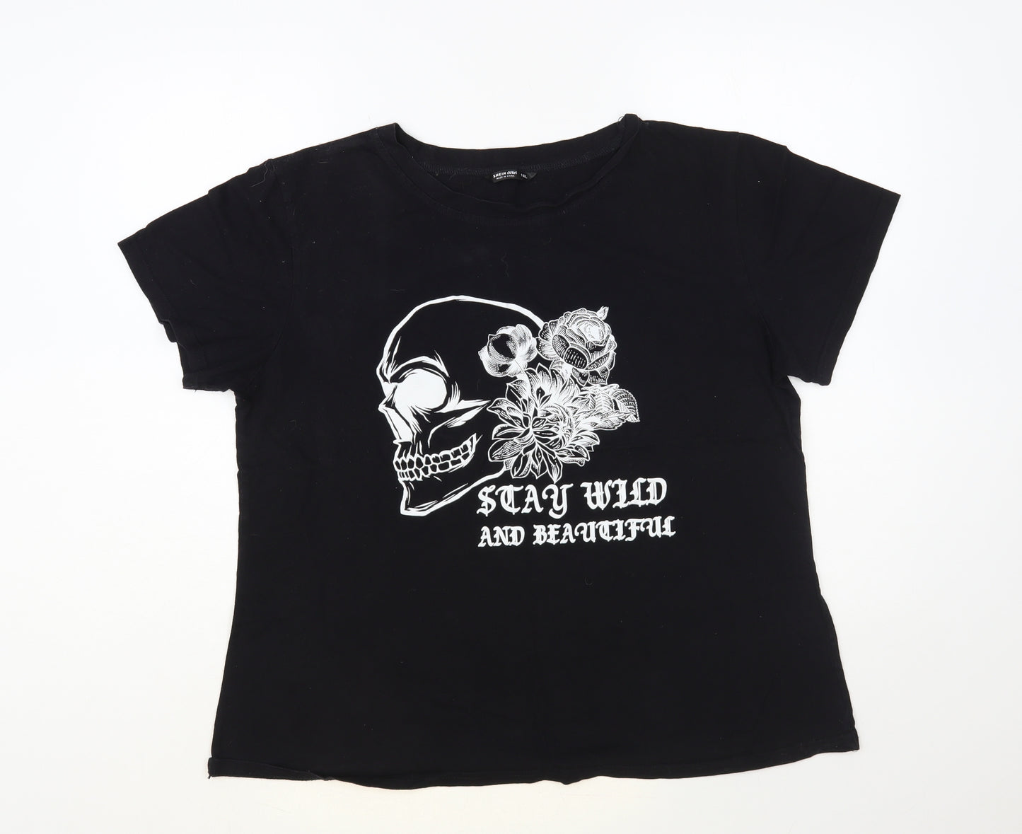 SheIn Womens Black Cotton Basic T-Shirt Size XL Round Neck - Wild And Beautiful