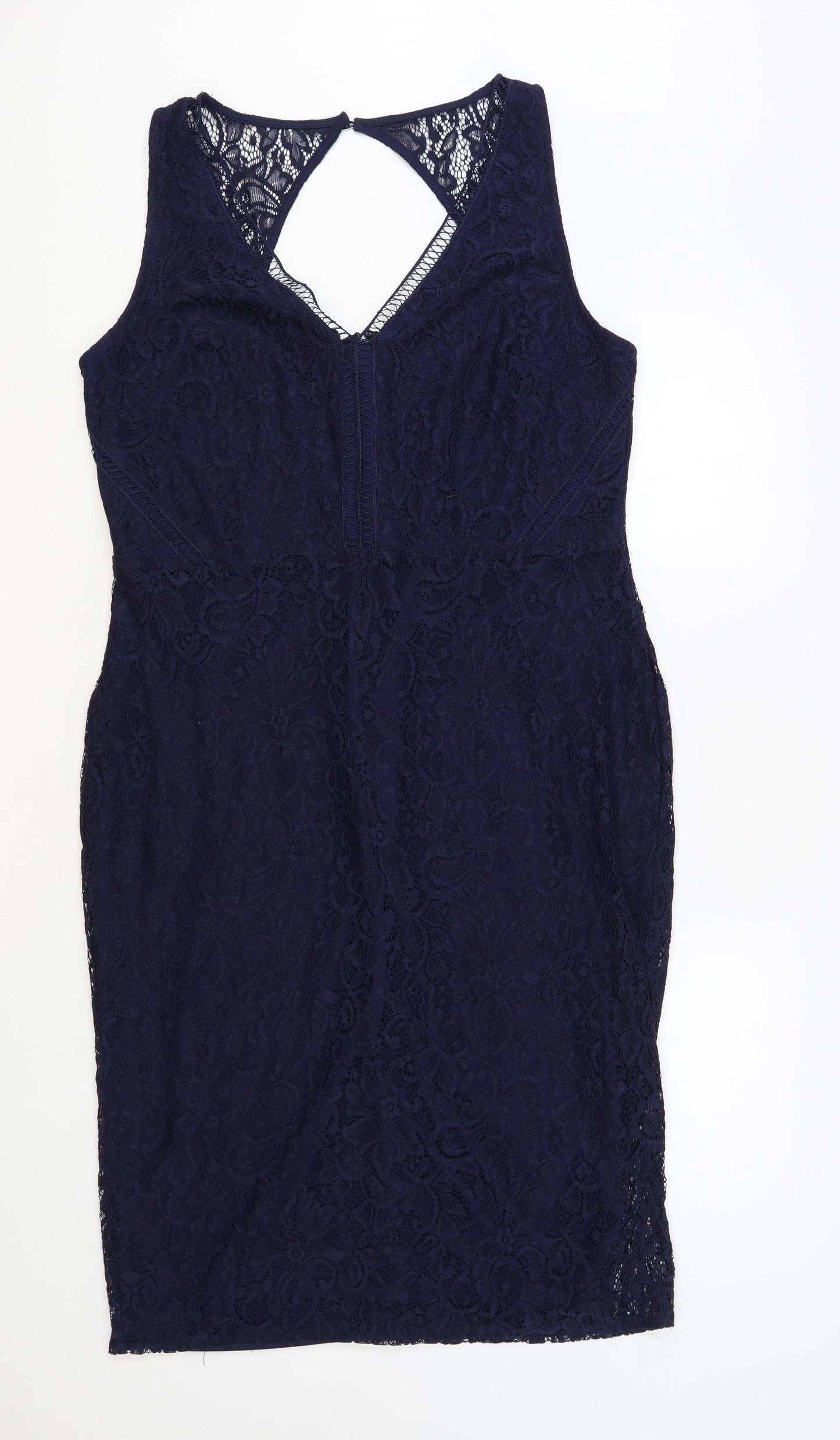 NEXT Womens Blue Nylon Pencil Dress Size 18 V-Neck Button - Lace Overlay