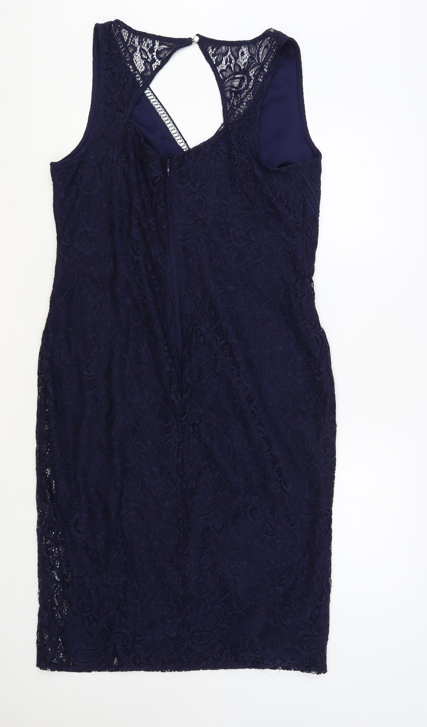 NEXT Womens Blue Nylon Pencil Dress Size 18 V-Neck Button - Lace Overlay