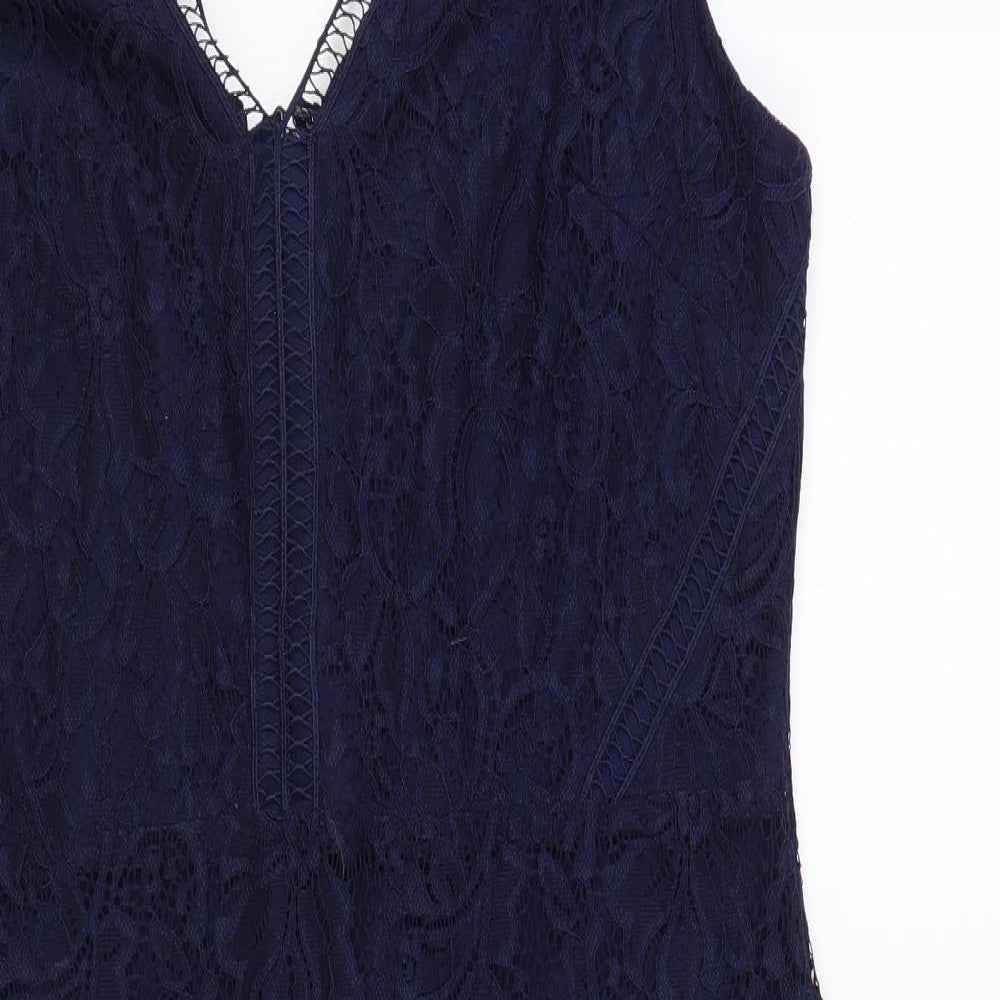 NEXT Womens Blue Nylon Pencil Dress Size 18 V-Neck Button - Lace Overlay