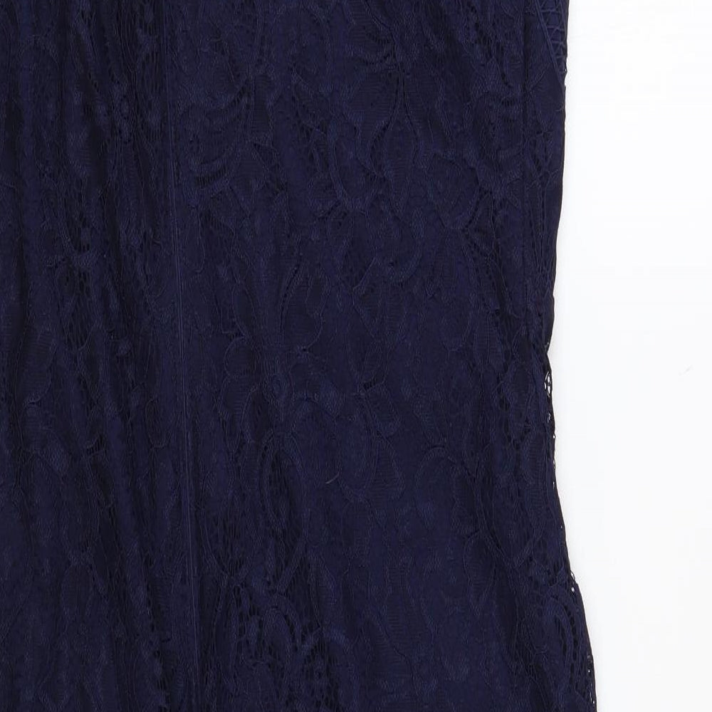 NEXT Womens Blue Nylon Pencil Dress Size 18 V-Neck Button - Lace Overlay