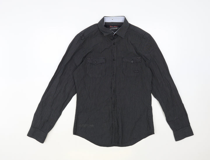 River Island Mens Black Striped Cotton Button-Up Size S Collared Button