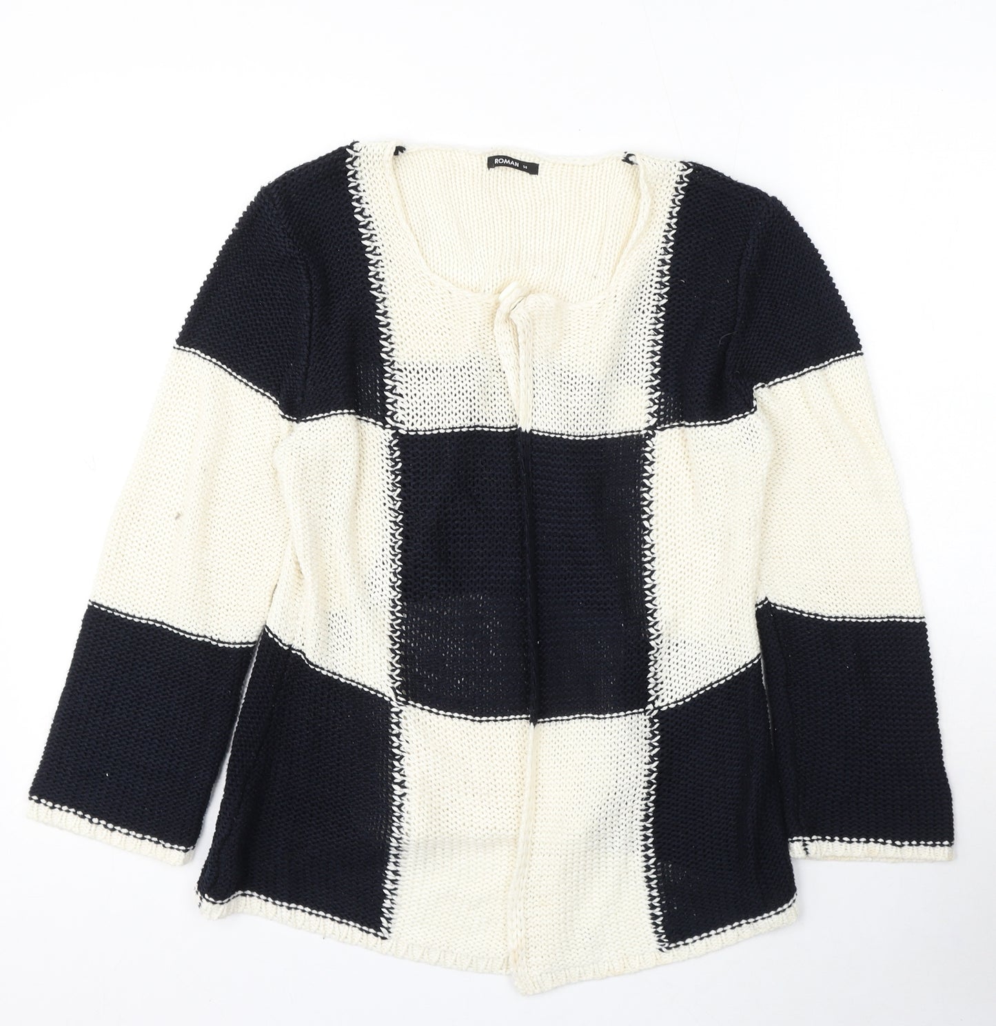 Roman Womens Beige Round Neck Check Polyester Cardigan Jumper Size 14