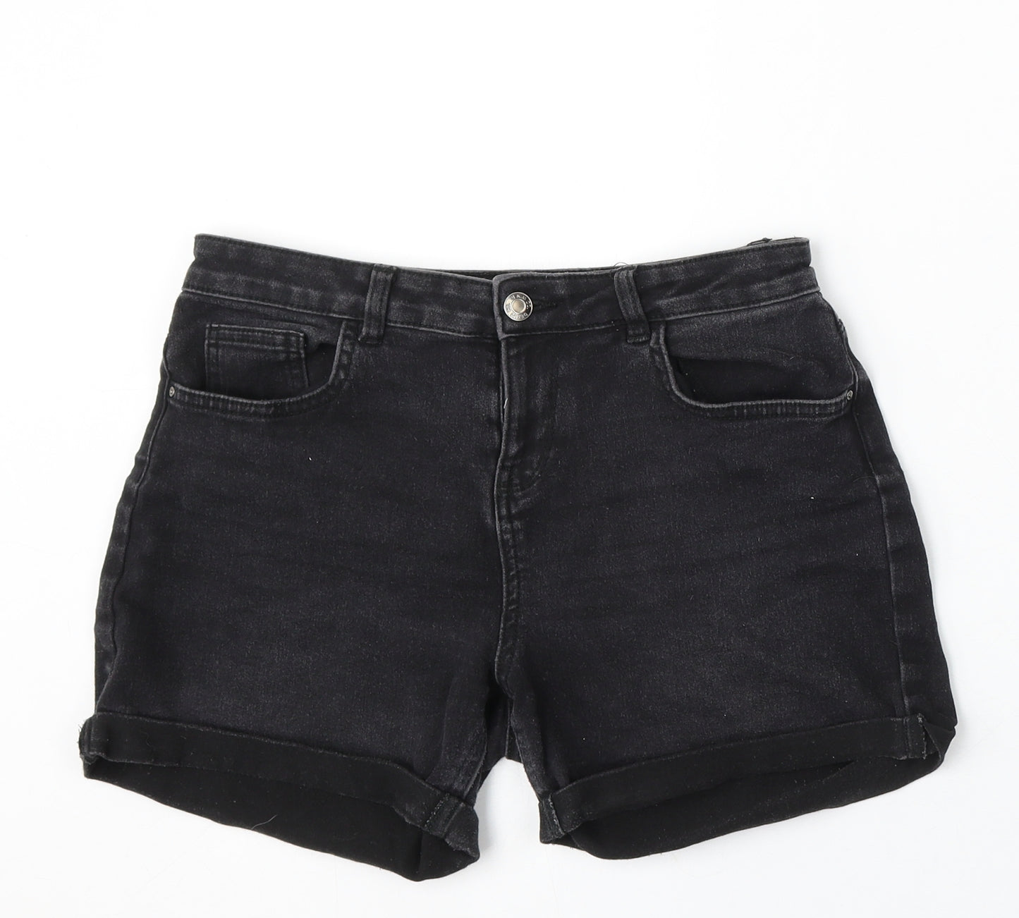 Denim & Co. Womens Black Cotton Mom Shorts Size 12 L4 in Regular Button