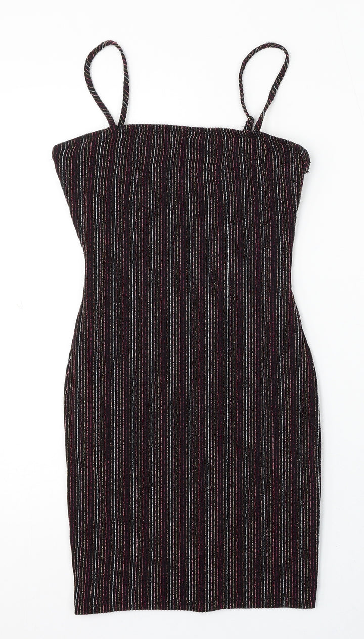 FOREVER 21 Womens Black Striped Polyester Bodycon Size S Round Neck