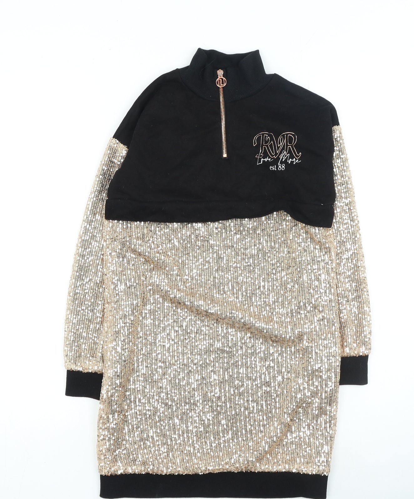River Island Girls Gold Cotton Jumper Dress Size 9-10 Years High Neck Zip