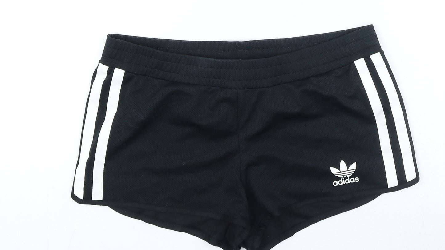 adidas Womens Black Striped Polyester Hot Pants Shorts Size 10 L4 in Regular Drawstring