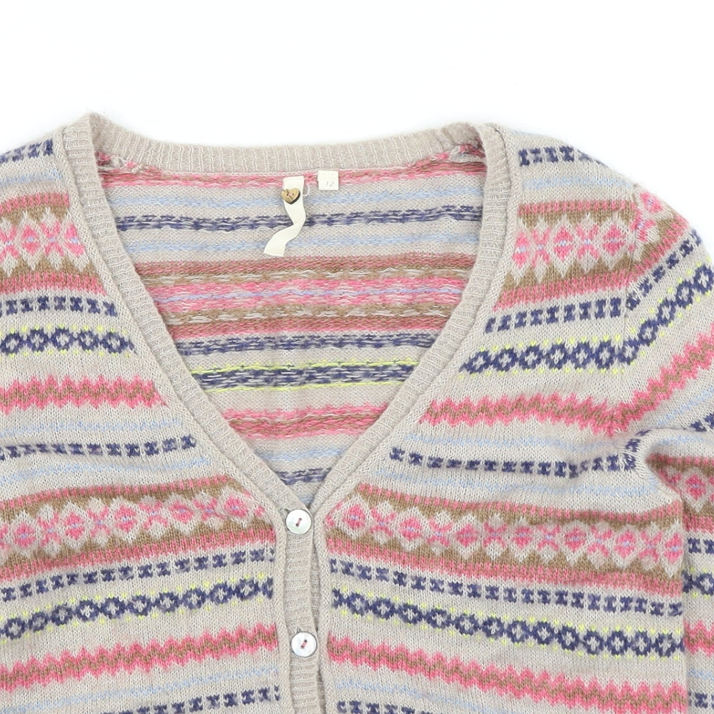 White Stuff Womens Multicoloured V-Neck Geometric Viscose Cardigan Jumper Size 12