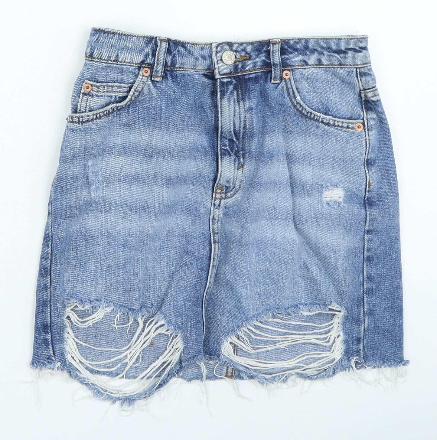 Topshop Womens Blue Cotton Mini Skirt Size 6 Zip