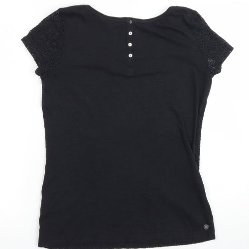 Fat Face Womens Black Floral 100% Cotton Basic T-Shirt Size 6 Scoop Neck