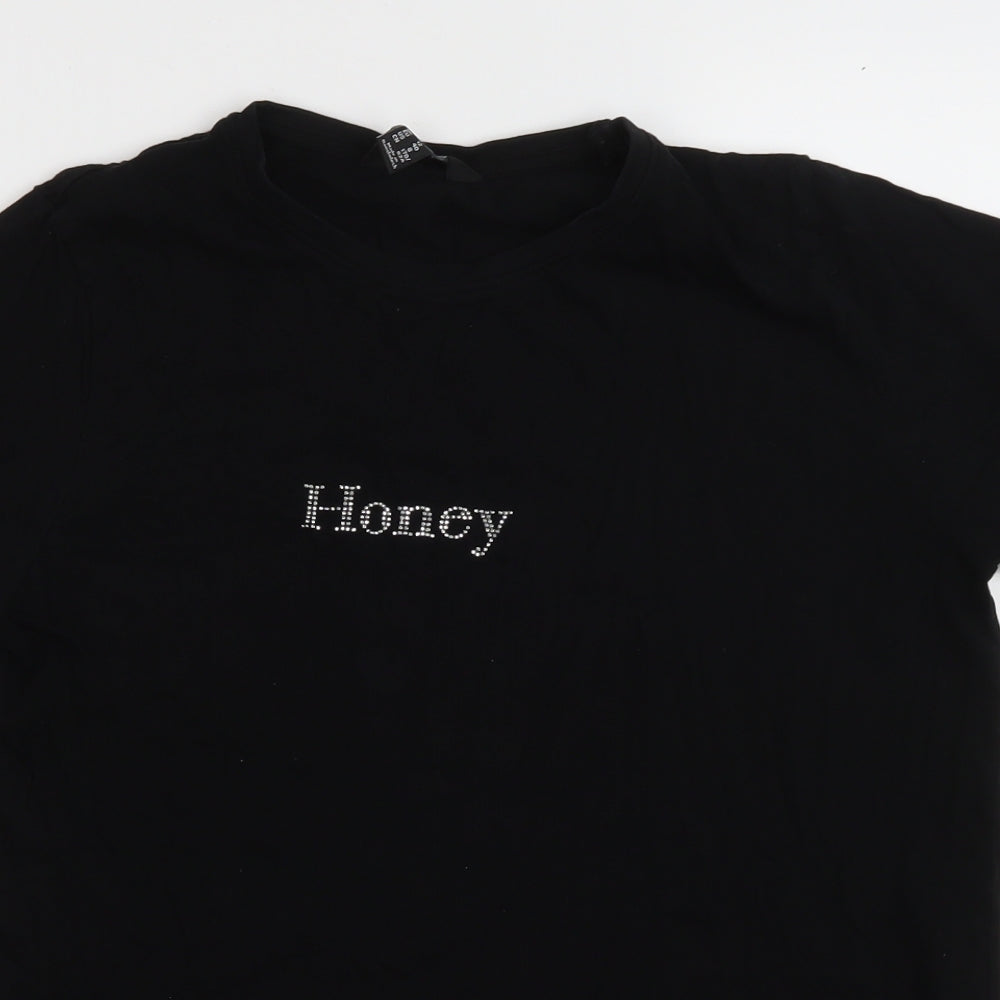 New Look Womens Black Cotton Basic T-Shirt Size 12 Round Neck - Honey