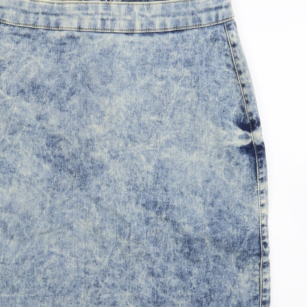 New Look Womens Blue Cotton Straight & Pencil Skirt Size 12 Zip - Acid Wash