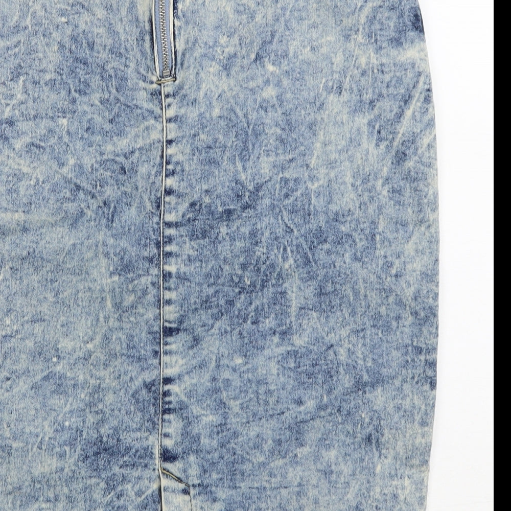 New Look Womens Blue Cotton Straight & Pencil Skirt Size 12 Zip - Acid Wash