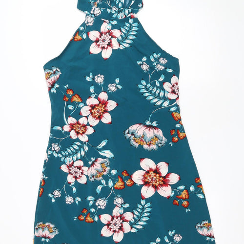 Preworn Womens Green Floral Polyester A-Line Size L Halter Zip