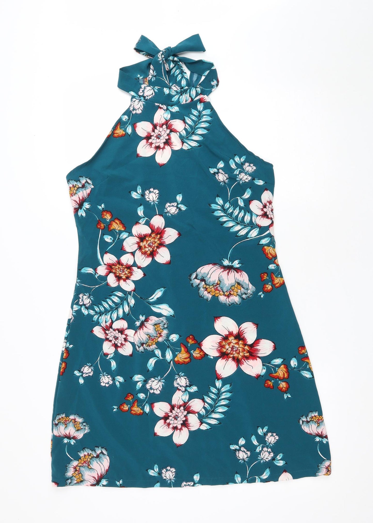 Preworn Womens Green Floral Polyester A-Line Size L Halter Zip