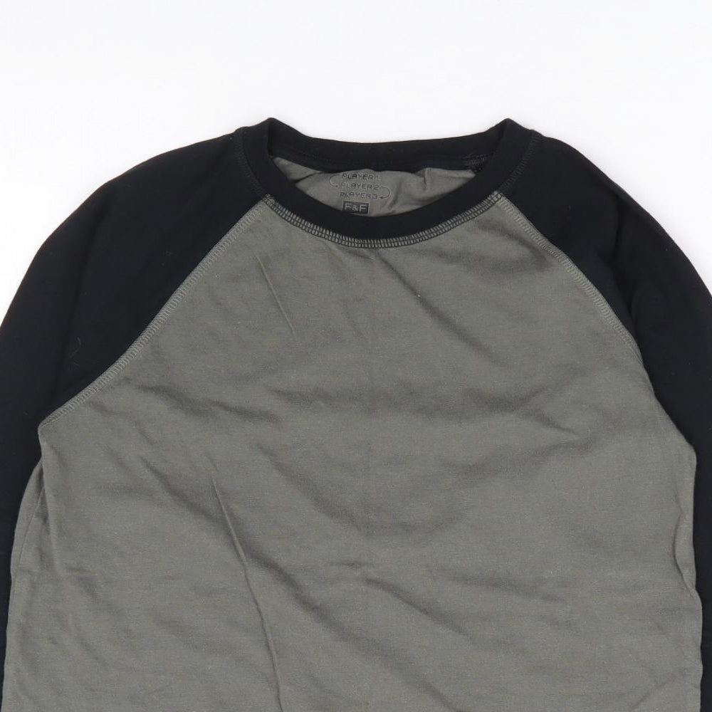 F&F Boys Green Cotton Ringer T-Shirt Size 10-11 Years Round Neck Pullover