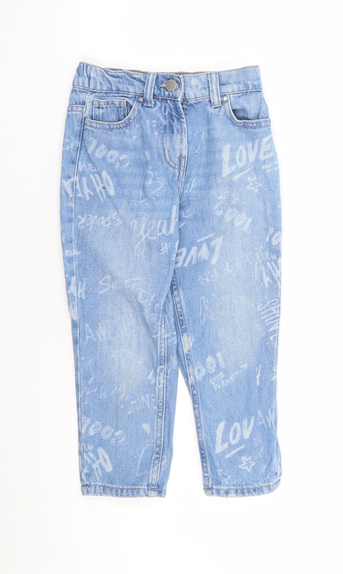 NEXT Girls Blue Geometric Cotton Straight Jeans Size 4 Years Regular Zip - Graffiti