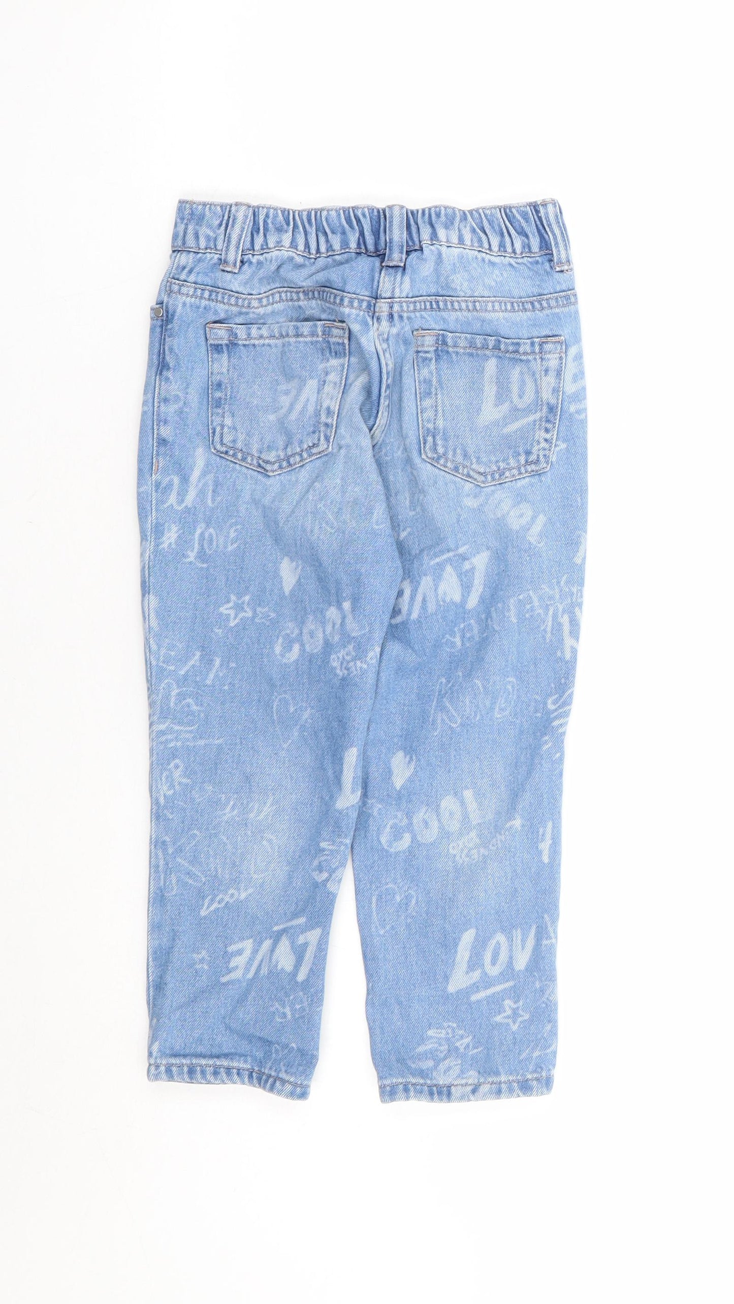 NEXT Girls Blue Geometric Cotton Straight Jeans Size 4 Years Regular Zip - Graffiti