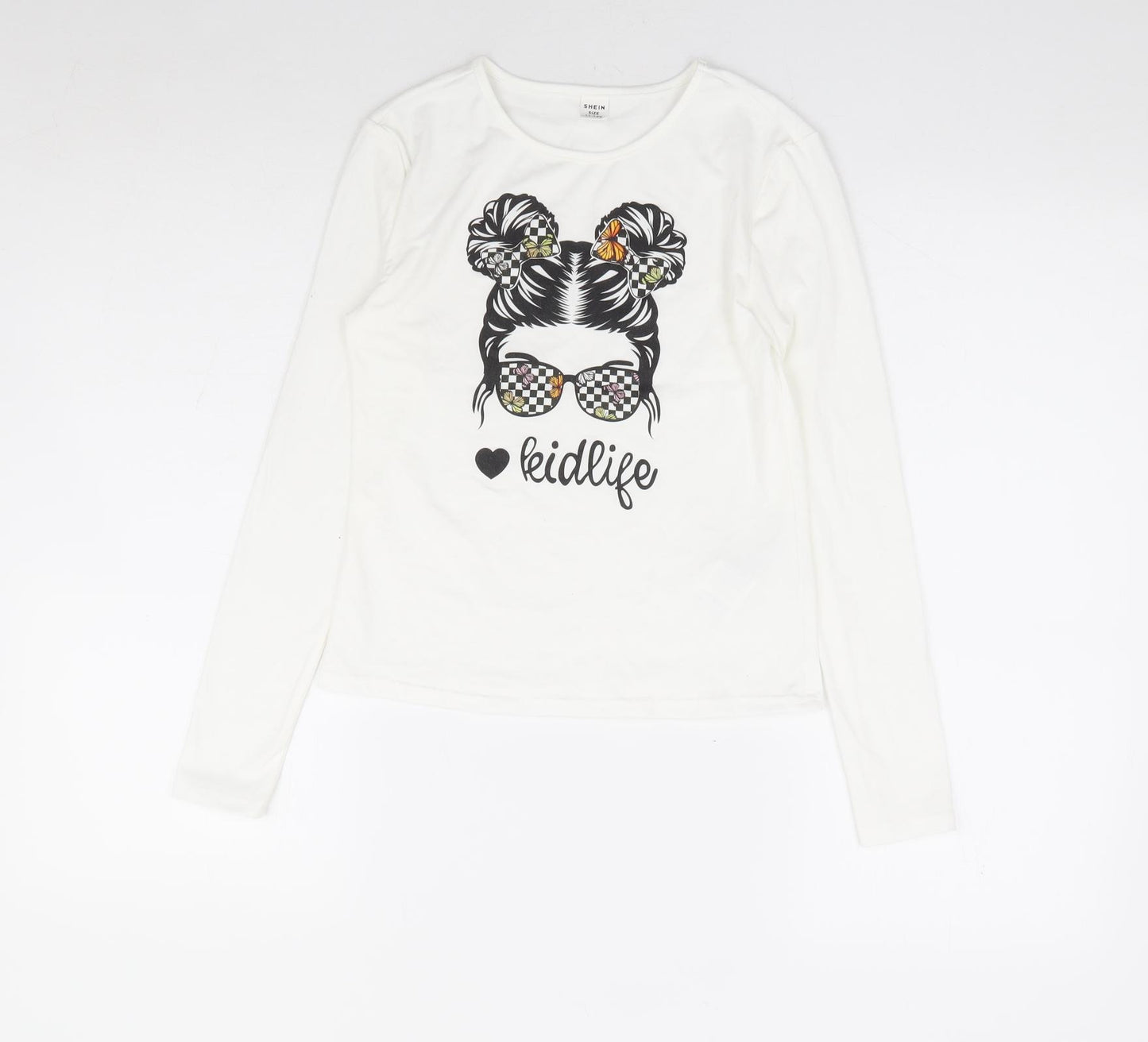 SheIn Girls White Polyester Basic T-Shirt Size 11-12 Years Round Neck Pullover - Butterfly, Kid Life