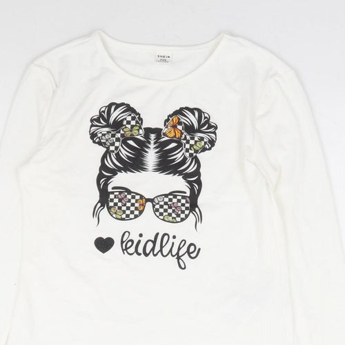 SheIn Girls White Polyester Basic T-Shirt Size 11-12 Years Round Neck Pullover - Butterfly, Kid Life