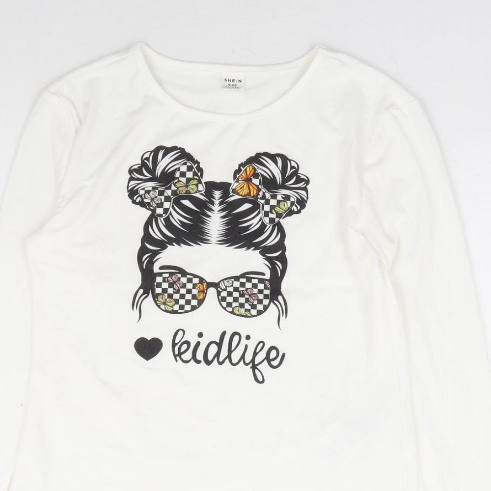 SheIn Girls White Polyester Basic T-Shirt Size 11-12 Years Round Neck Pullover - Butterfly, Kid Life