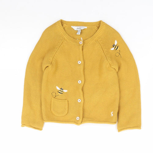 Joules Girls Yellow 100% Cotton Cardigan Jumper Size 18-24 Months Button - Bumblebee