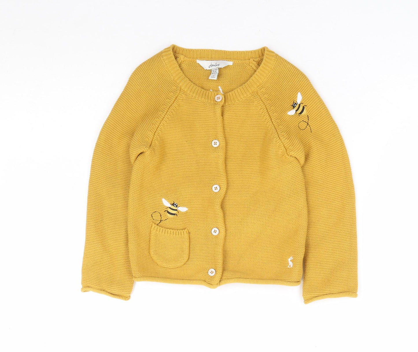 Joules Girls Yellow 100% Cotton Cardigan Jumper Size 18-24 Months Button - Bumblebee