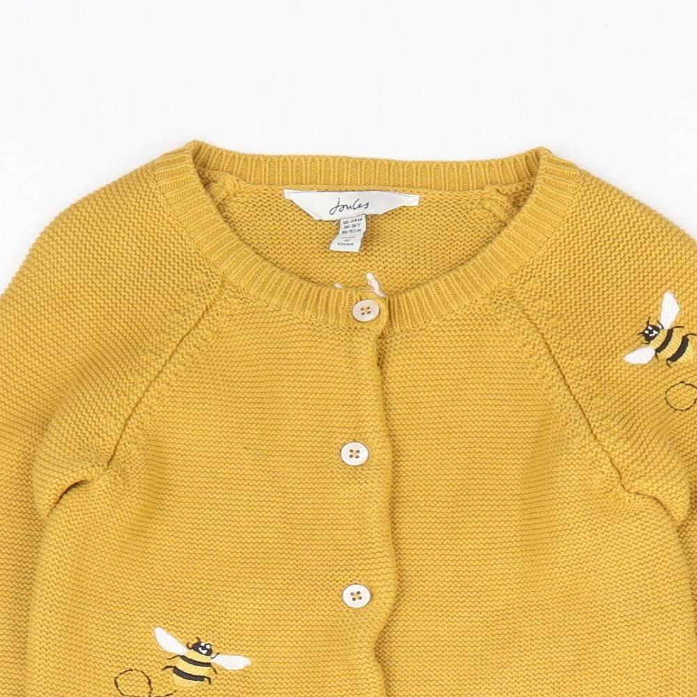Joules Girls Yellow 100% Cotton Cardigan Jumper Size 18-24 Months Button - Bumblebee