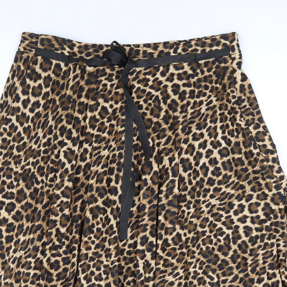Zara Womens Brown Animal Print Polyester Pleated Skirt Size L Tie - Leopard Print