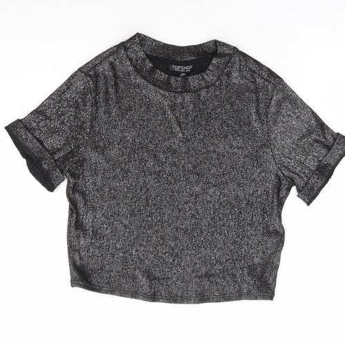 Topshop Womens Silver Viscose Cropped T-Shirt Size 10 Mock Neck