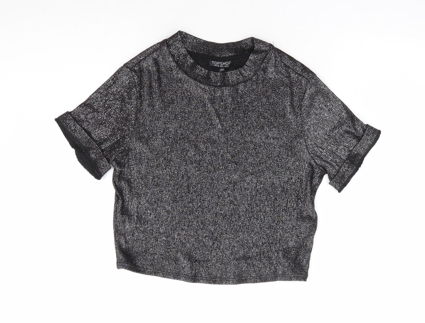 Topshop Womens Silver Viscose Cropped T-Shirt Size 10 Mock Neck