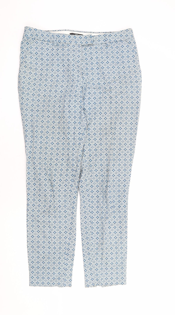 H&M Womens Blue Geometric Cotton Trousers Size 10 L28 in Regular Zip