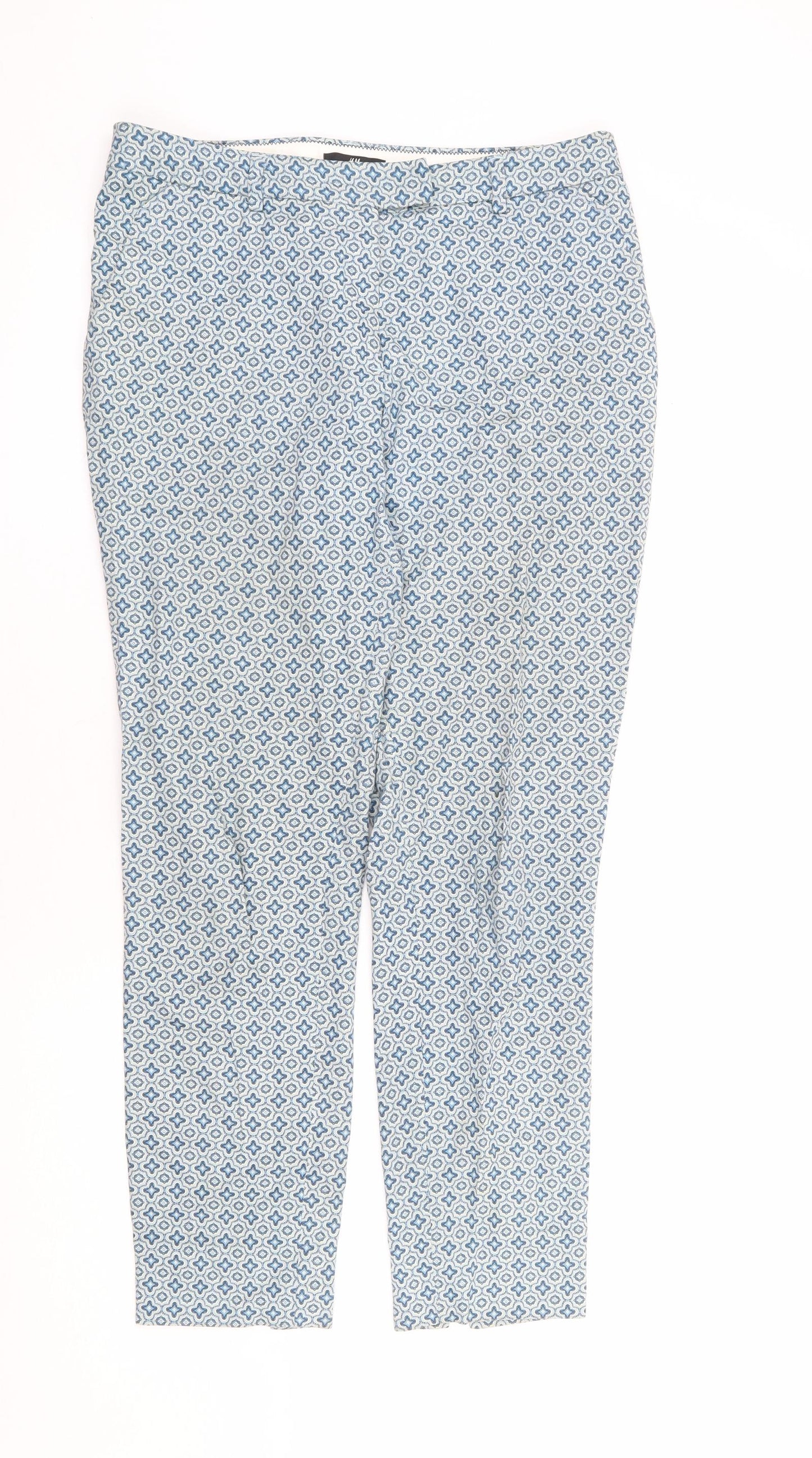 H&M Womens Blue Geometric Cotton Trousers Size 10 L28 in Regular Zip